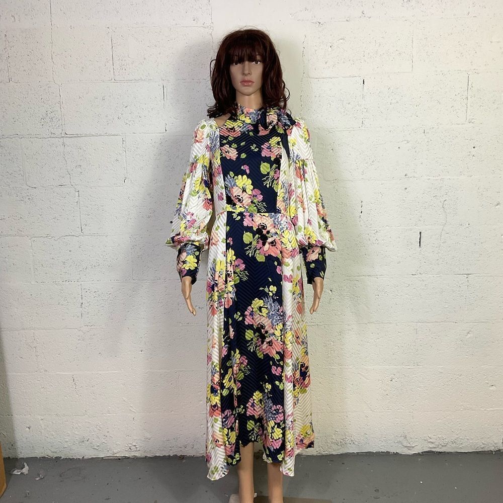 Jill Stuart Paola Mixed Floral Print Tie Neck Long Sleeve Silk Midi Dress 4 - Picture 5 of 10